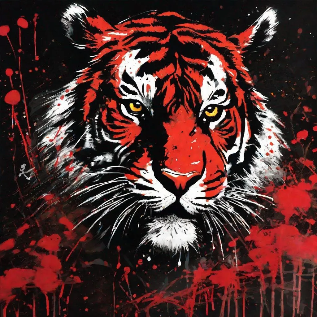 Prompt: Graffiti, splatter painting of tiger face poping out from dense jungle, black and red background