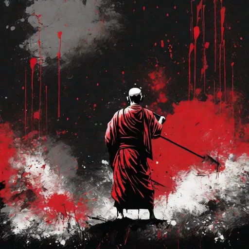 Prompt: Graffiti, splatter painting of buddhist monk with spear standing in himalayas, black and red background