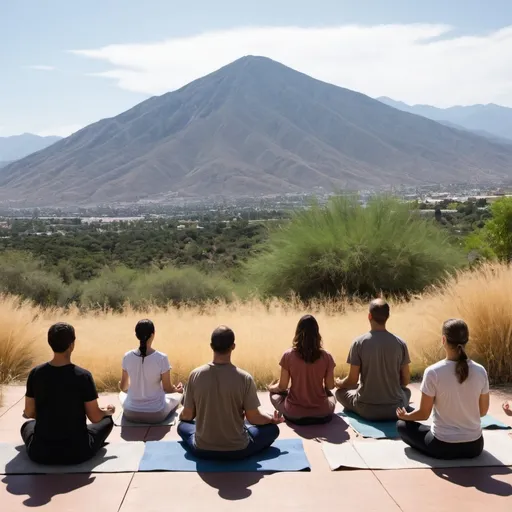 Prompt: Group meditation with mexican grasses and a mountain view
