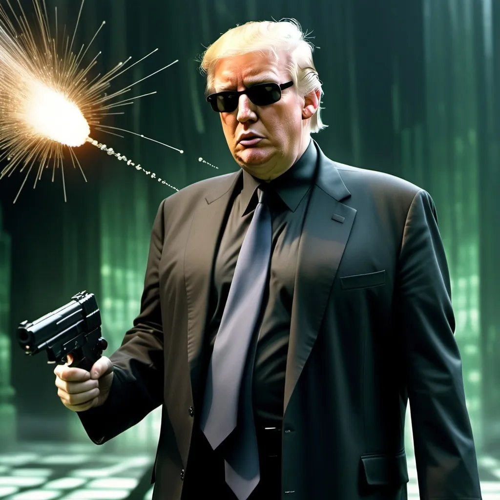 Prompt: Donald Trump as Neo from The Matrix dodging a bullet. No gun in his hand but dodging a projectile


