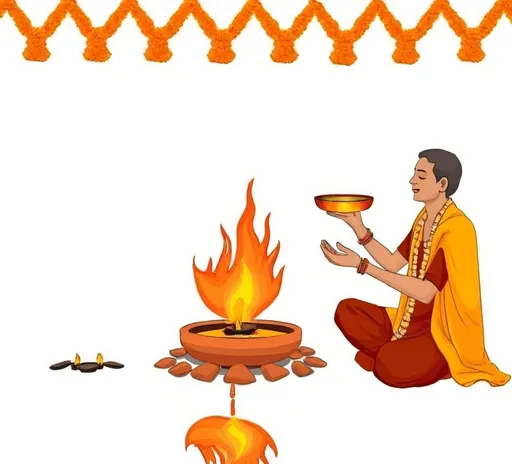 Prompt: priest performing hawan, offering to hawan kund, hawan kund, an illustration of 