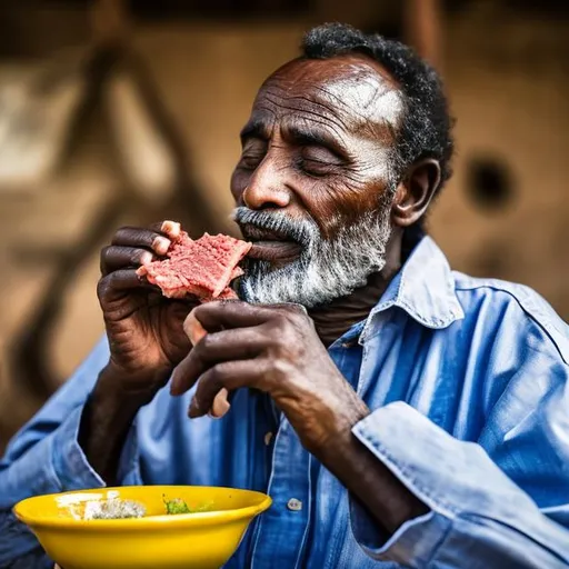 Prompt: An ethiopian father eating raw beef and drinking tella.
