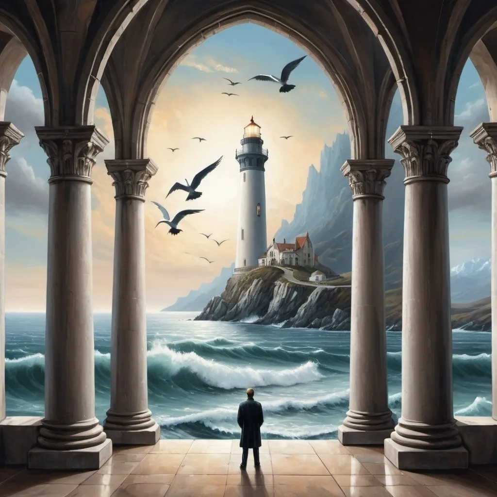 Prompt: Surrealistic painting with super wide size. Panoramic view, man standing in the middle of a magnificent hall with gothic style. Through the tall white stone arch gate, the man looked towards the majestic bay with rocky mountains and ocean waves. The lighthouse shines. Flock of seagulls flying.