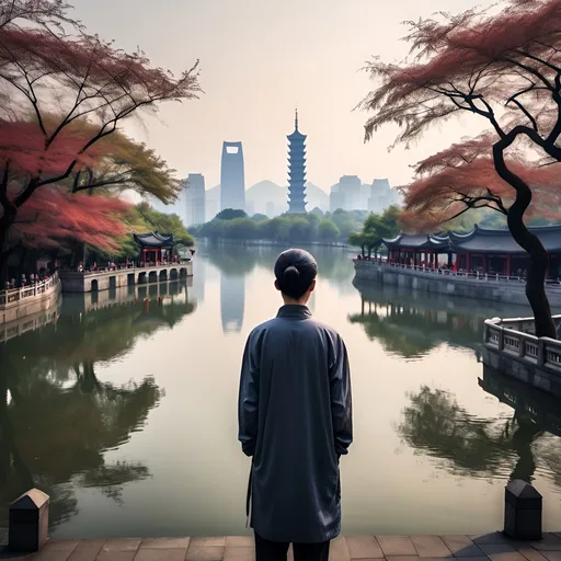 Prompt: Hangzhou (the city) as a person. Personify the city and place him or her infront of a famous landmark in Hangzhou