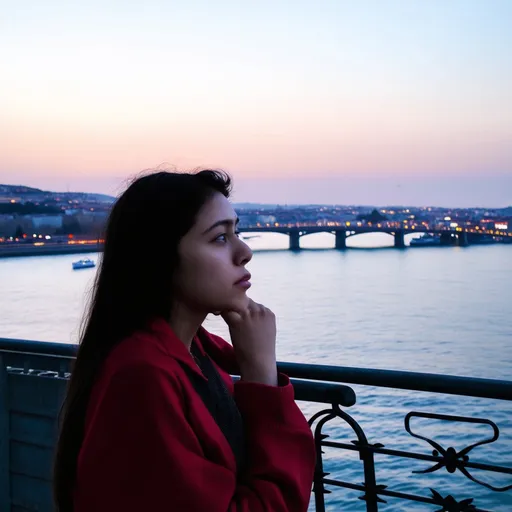 Prompt: Galata köprüsünde denize bakarak akşam saatlerinde düşünceli bakışlarıyla bir 25 yaşında 170 cm. Bir kız