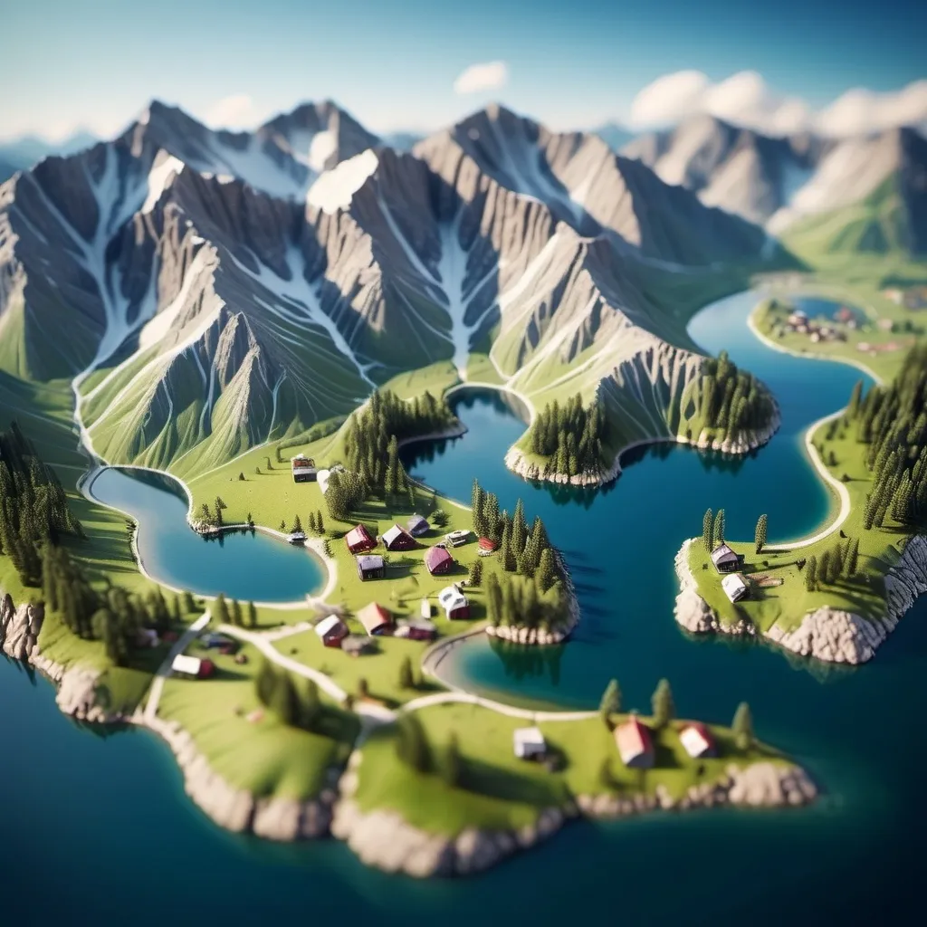 Prompt: Detailed tilt-shift aerial landscape rendering of a miniature world, mountainous terrain with lakes, tiny houses and boats, realistic isometric perspective, high quality, ultra-detailed, tilt-shift, isometric, miniatures, detailed landscape, mountains and lakes, tiny houses, tiny boats, realistic perspective, professional, realistic lighting