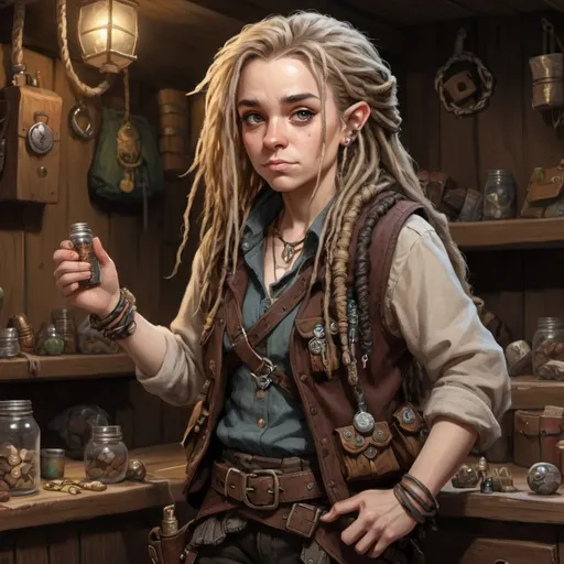 Prompt: Stout halfling, young female adult, Sandy long hair in dreads tied up with trinkets through out, pickpocket rogue up to mischief wearing vest with 100 pockets. A pet mouse in one of the pockets