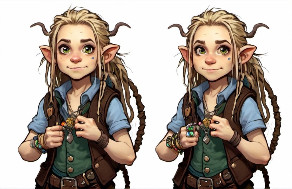 Prompt: Stout halfling, young female adult, Sandy long hair in dreads tied up with trinkets through out her hair, cheeky expression on her face,pickpocket rogue up to mischief wearing vest with 100 pockets. A pet mouse on her shoulder holding a trinket