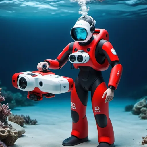 Prompt: Buatkan standing karakter dengan foto saya memegang underwater drone (ROV rowamba) dengan warnanya merah putih