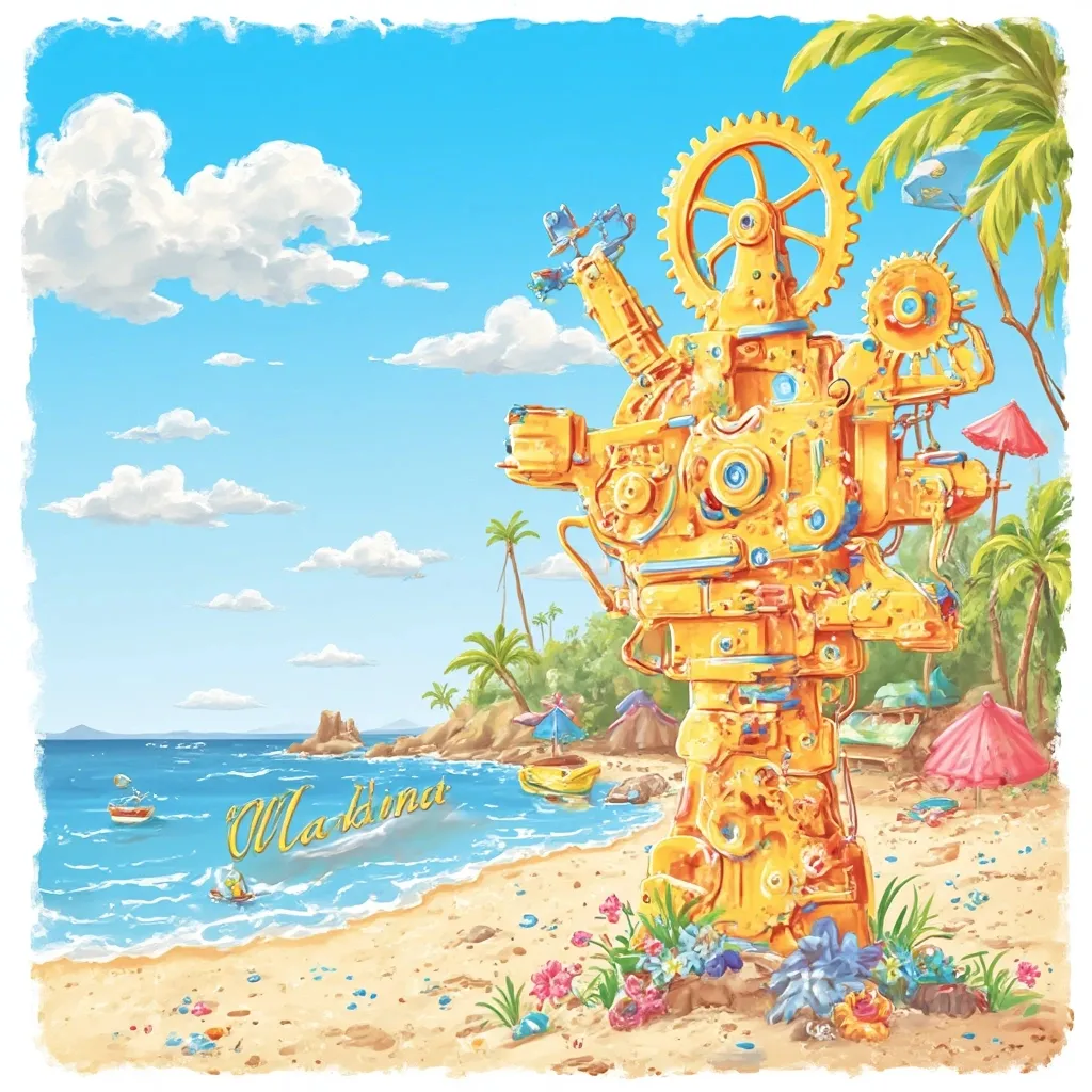 Prompt: Machine gears with a summer theme beach with a word 'Makina'
