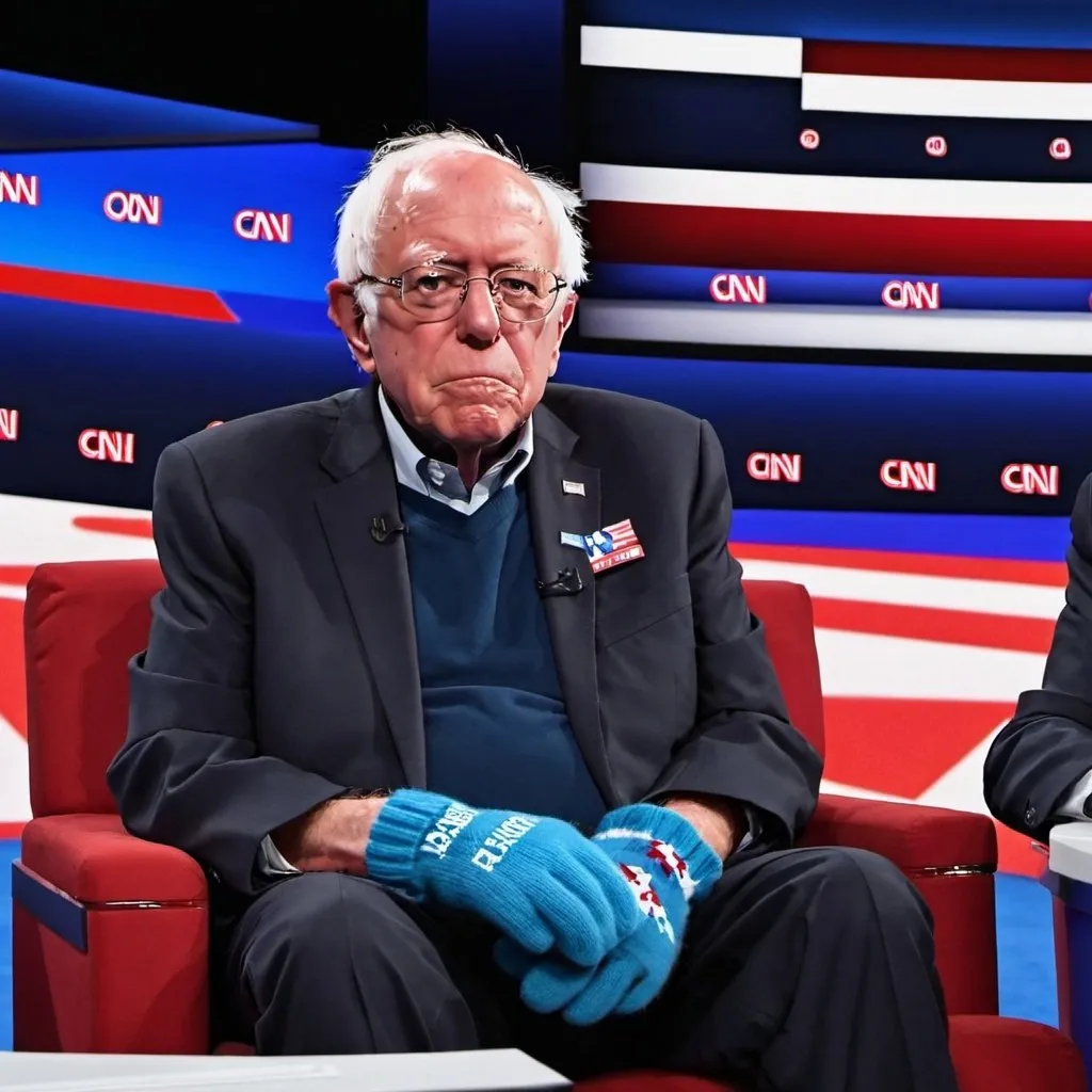 Prompt: Bernie in mittens sitting and watching the 2024 presidential debate