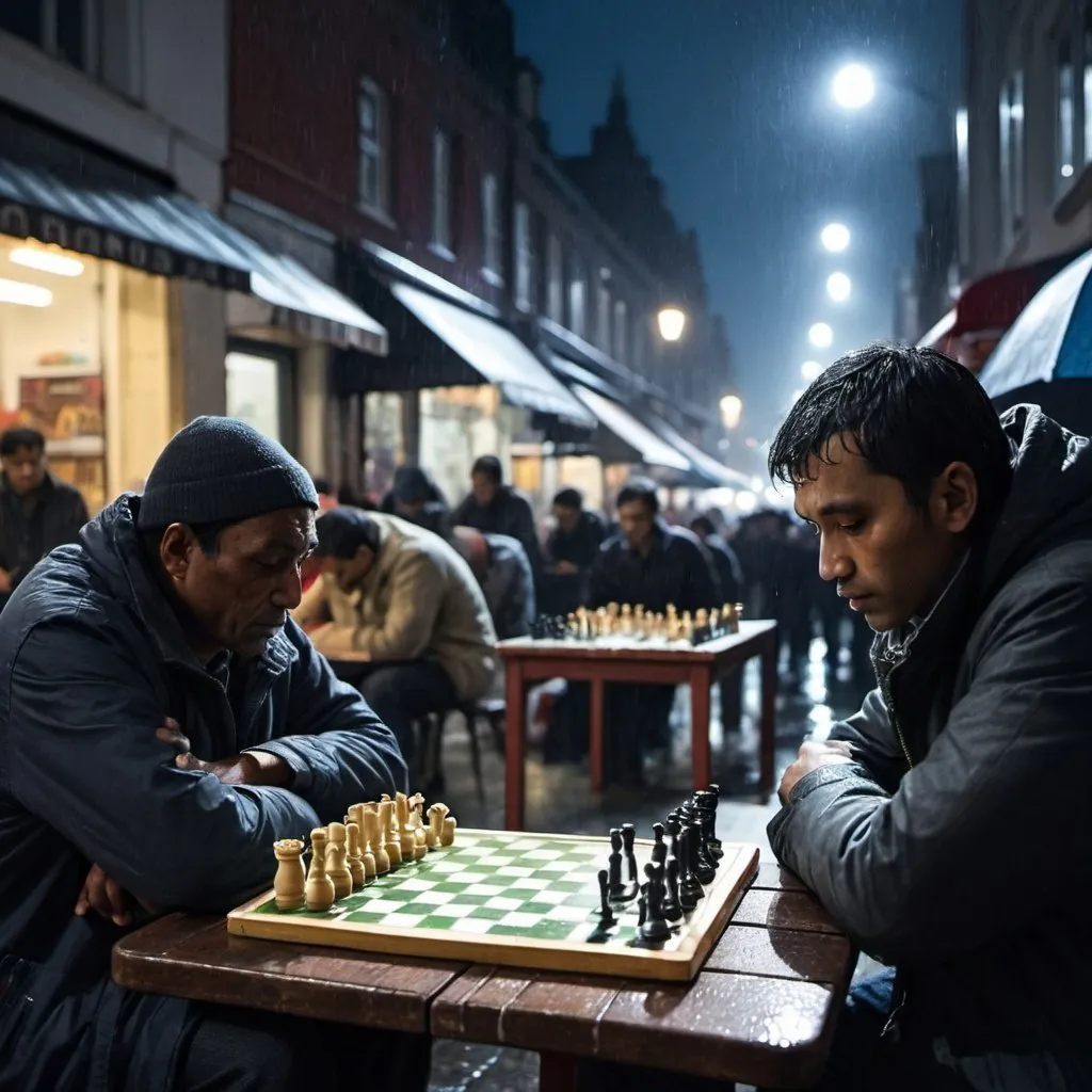 Prompt: A man playing a chess game, in a crowded street, with moonlight visible through drizzle of the rain