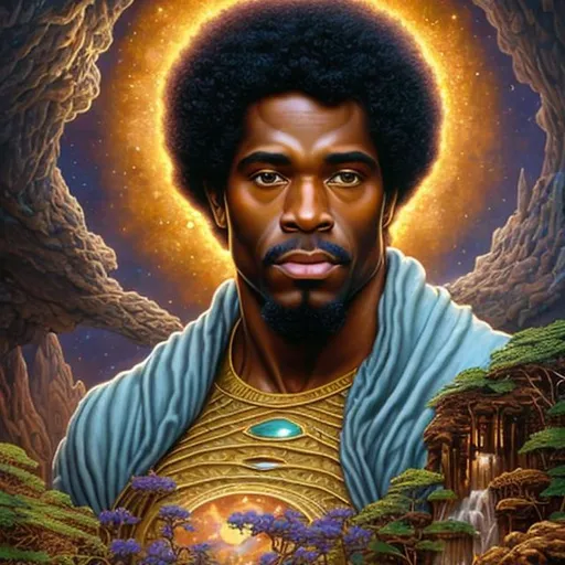 Prompt: handsome, beautiful eyes, chiseled jaw, afro american man is being created out of the earth of a mountain, he is being formed by rocks, cosmic wind cosmic water and cosmic fire give life to the afro american man crawling from under the ground, a golden glow comes from the center of the mans chest, a stunning Donato Giancola masterpiece in fantasy nouveau artstyle by Anders Zorn and Joseph Christian Leyendecker , neat and clear tangents full of negative space , ominous dramatic lighting with macabre somber shadows and highlights enhancing depth of perspective and 3D volumetric drawing , colorful vibrant painting in HDR with shiny shimmering reflections and intricate detailed ambient occlusion