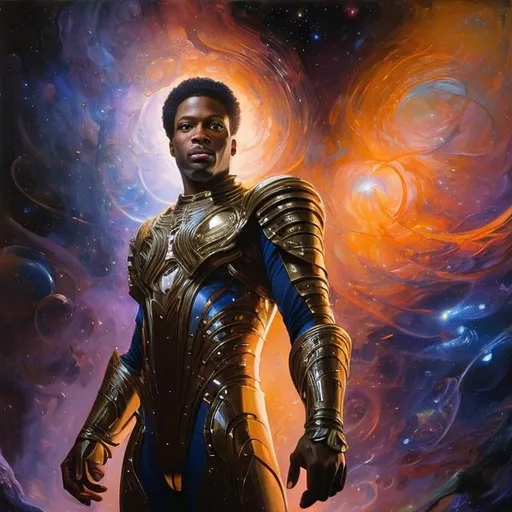 Prompt: cosmic space elements are coming together to form a afro american man from the nebula, a stunning Donato Giancola masterpiece in fantasy nouveau artstyle by Anders Zorn and Joseph Christian Leyendecker , neat and clear tangents full of negative space , ominous dramatic lighting with macabre somber shadows and highlights enhancing depth of perspective and 3D volumetric drawing , colorful vibrant painting in HDR with shiny shimmering reflections and intricate detailed ambient occlusion