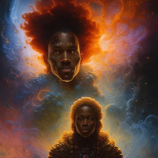 Prompt: cosmic space elements, galaxies, space clouds, stars are coming together to form a afro american man from the nebula, a stunning Donato Giancola masterpiece in fantasy nouveau artstyle by Anders Zorn and Joseph Christian Leyendecker , neat and clear tangents full of negative space , ominous dramatic lighting with macabre somber shadows and highlights enhancing depth of perspective and 3D volumetric drawing , colorful vibrant painting in HDR with shiny shimmering reflections and intricate detailed ambient occlusion