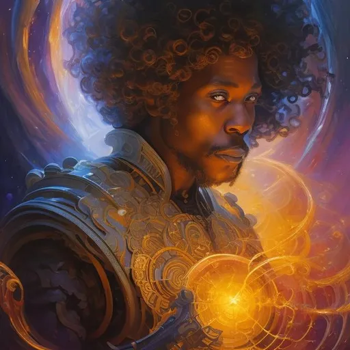 Prompt: cosmic space elements are coming together to form a afro american man from the earth, a stunning Donato Giancola masterpiece in fantasy nouveau artstyle by Anders Zorn and Joseph Christian Leyendecker , neat and clear tangents full of negative space , ominous dramatic lighting with macabre somber shadows and highlights enhancing depth of perspective and 3D volumetric drawing , colorful vibrant painting in HDR with shiny shimmering reflections and intricate detailed ambient occlusion