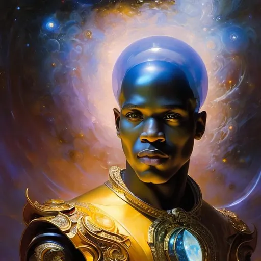 Prompt: cosmic space elements are coming together to form a afro american man from the earth, a stunning Donato Giancola masterpiece in fantasy nouveau artstyle by Anders Zorn and Joseph Christian Leyendecker , neat and clear tangents full of negative space , ominous dramatic lighting with macabre somber shadows and highlights enhancing depth of perspective and 3D volumetric drawing , colorful vibrant painting in HDR with shiny shimmering reflections and intricate detailed ambient occlusion