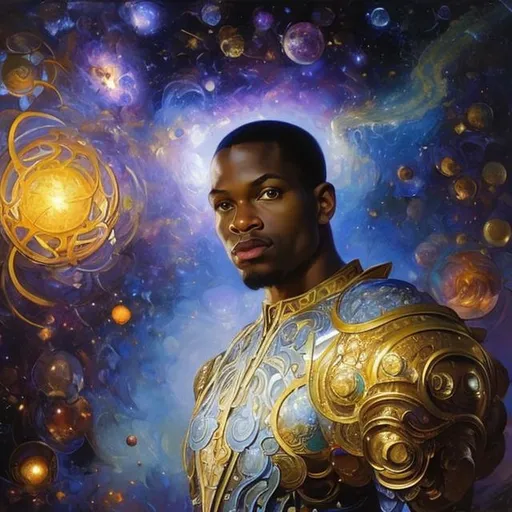 Prompt: cosmic space elements are coming together to form a afro american man from the earth, a stunning Donato Giancola masterpiece in fantasy nouveau artstyle by Anders Zorn and Joseph Christian Leyendecker , neat and clear tangents full of negative space , ominous dramatic lighting with macabre somber shadows and highlights enhancing depth of perspective and 3D volumetric drawing , colorful vibrant painting in HDR with shiny shimmering reflections and intricate detailed ambient occlusion