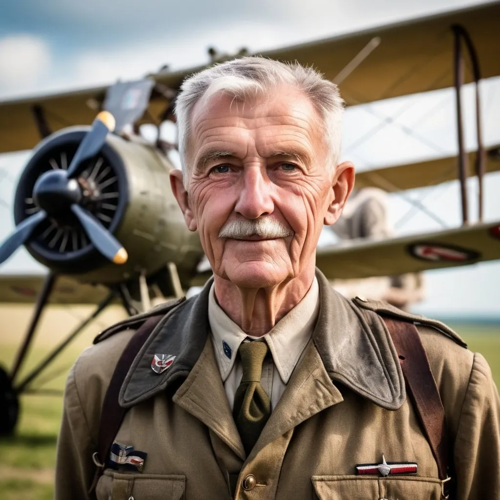 Prompt: And elder and wise wwi war english pilot with his plane as background Professional photography, bokeh, natural lighting, canon lens, shot on dslr 64 megapixels sharp focus