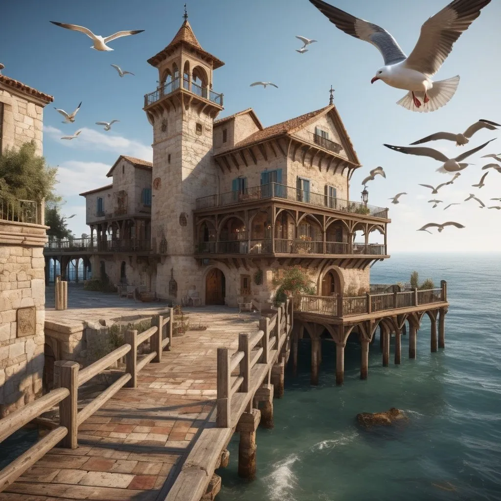 Prompt: A medieval Mediterranean coastal villa with a pier and large galleon docked in that pier, segulls fly around, intricately detailed, color depth,  Hyperrealistic, 2/3 face angle, side light.