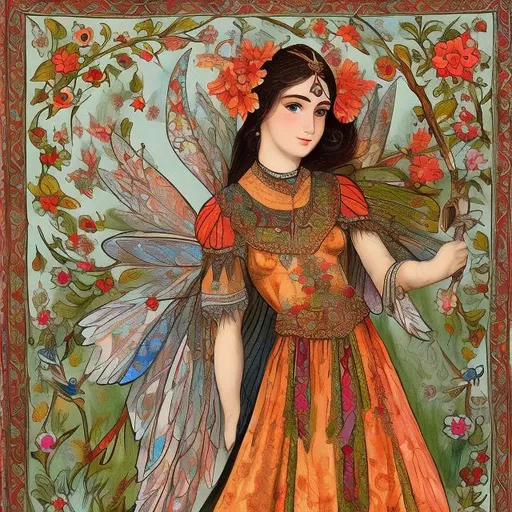 Prompt: Anatolian, Turkish Fairy Tale figure culture, motif, flowers, flowering branches, deer, bird