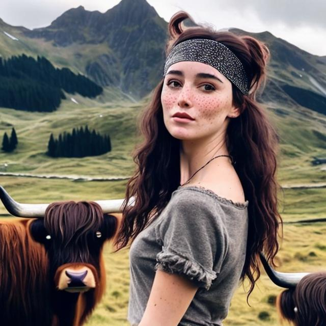 Prompt: Black messy hair, dark brown eyes, white beautiful woman, small freckles, thick headband, black shirt, western, 19th century, dark mountains, stood in field next to Highland cow