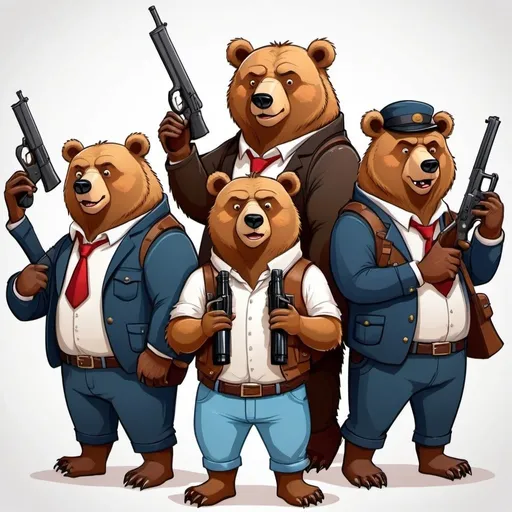 Prompt: Create a cartoon style art with 4 bears who carry bottles and glasses at their hands as well as guns and rifles. Bears can look like humans with interesting outfits 