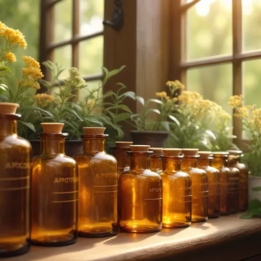 Prompt: there are amber apothecary bottles and jars of various sizes sitting outside on a ladder with the morning sun shining through them. They all carry the label of A. Apothecary
