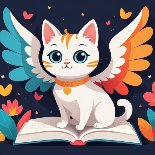Prompt: illustrations for a book-cover,flat design,simple shapes,vector,colorful,2D,cute cartoon characters,cat with wings