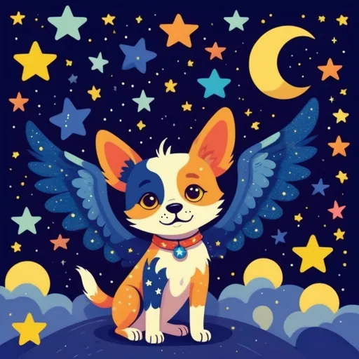 Prompt: Colorful 2D illustration of a cute winged painted dog, under a starry night sky, flat design, simple shapes, vector, vibrant colors, whimsical star patterns, cartoon style, best quality, highres, cute, cartoon, colorful, simple shapes, flat design, starry night, winged cat, vector, 2D