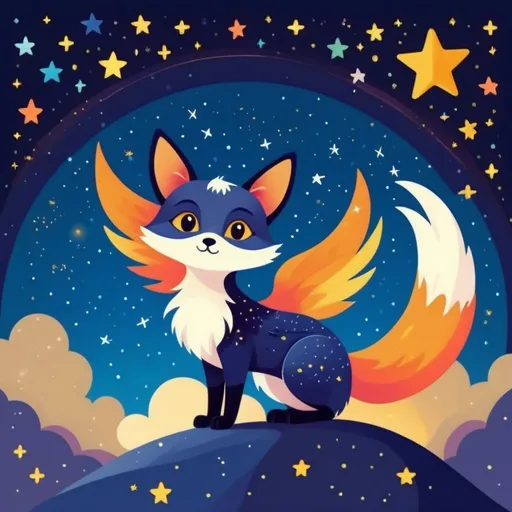 Prompt: Colorful 2D illustration of a cute winged fox under a starry night sky, flat design, simple shapes, vector, vibrant colors, whimsical star patterns, cartoon style, best quality, highres, cute, cartoon, colorful, simple shapes, flat design, starry night, winged cat, vector, 2D