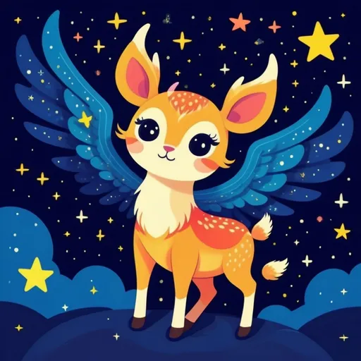 Prompt: Colorful 2D illustration of a cute winged deer, under a starry night sky, flat design, simple shapes, vector, vibrant colors, whimsical star patterns, cartoon style, best quality, highres, cute, cartoon, colorful, simple shapes, flat design, starry night, winged cat, vector, 2D