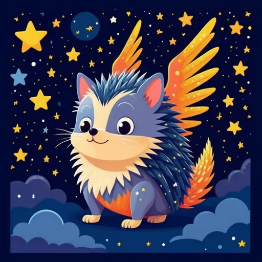 Prompt: Colorful 2D illustration of a cute winged hedgehog under a starry night sky, flat design, simple shapes, vector, vibrant colors, whimsical star patterns, cartoon style, best quality, highres, cute, cartoon, colorful, simple shapes, flat design, starry night, winged cat, vector, 2D, not a blue hedgehog, side view