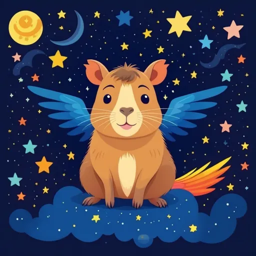 Prompt: Colorful 2D illustration of a cute winged capybara under a starry night sky, flat design, simple shapes, vector, vibrant colors, whimsical star patterns, cartoon style, best quality, highres, cute, cartoon, colorful, simple shapes, flat design, starry night, vector, 2D