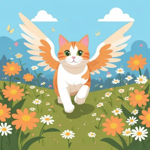 Prompt: A cat with wings walking through a field of flowers, flat illustration, cartoon, vector illustration