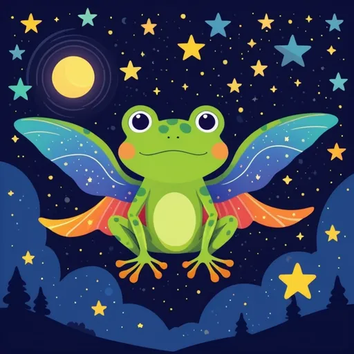 Prompt: Colorful 2D illustration of a cute winged frog under a starry night sky, flat design, simple shapes, vector, vibrant colors, whimsical star patterns, cartoon style, best quality, highres, cute, cartoon, colorful, simple shapes, flat design, starry night, vector, 2D