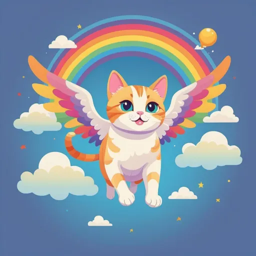 Prompt: Colorful 2D illustration of a cute winged cat flying in the air with a rainbow, flat design, vector, vibrant colors, cartoon style, best quality, highres, cute, cartoon, colorful, flat design, vector, 2D