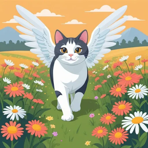 Prompt: A cat with wings walking through a field of flowers, flat illustration, cartoon, vector illustration