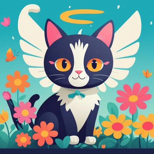 Prompt: illustrations for a book-cover,flat design,simple shapes,vector,colorful,2D,cute cartoon characters,flower cat with wings