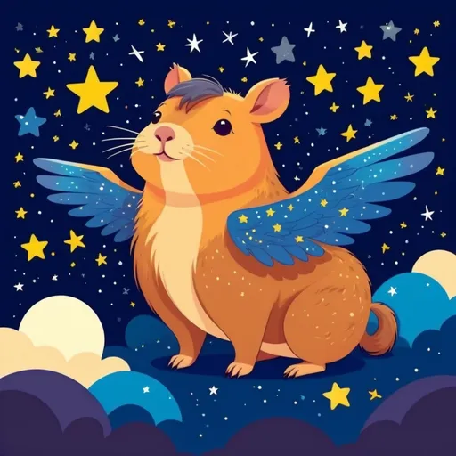 Prompt: Colorful 2D illustration of a cute winged capybara under a starry night sky, flat design, simple shapes, vector, vibrant colors, whimsical star patterns, cartoon style, best quality, highres, cute, cartoon, colorful, simple shapes, flat design, starry night, winged cat, vector, 2D