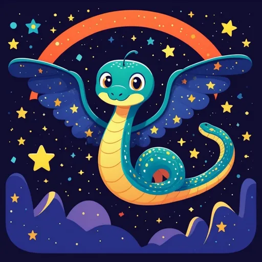 Prompt: Colorful 2D illustration of a cute winged snake under a starry night sky, flat design, simple shapes, vector, vibrant colors, whimsical star patterns, cartoon style, best quality, highres, cute, cartoon, colorful, simple shapes, flat design, starry night, vector, 2D