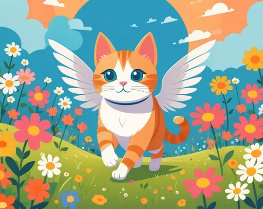 Prompt: A cat with wings walking through a field of flowers,illustrations for a book-cover,flat design,simple shapes,vector,colorful,2D,cute cartoon characters