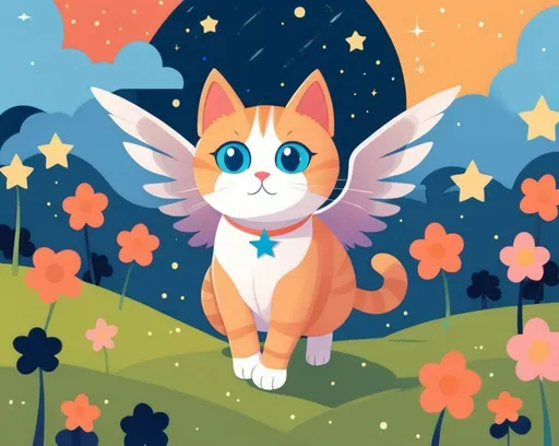 Prompt: A cat with wings under a starry sky,flat design,simple shapes,vector,colorful,2D,cute cartoon characters