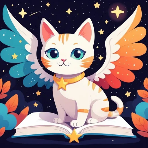 Prompt: A cat with wings under a starry sky,illustrations for a book-cover,flat design,simple shapes,vector,colorful,2D,cute cartoon characters