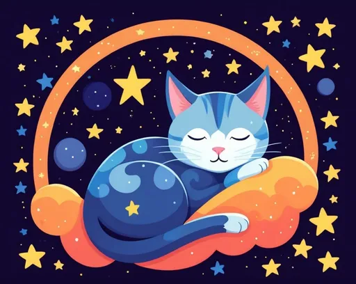 Prompt: Colorful 2D illustration of a sleeping winged cat, under a starry night sky, flat design, simple shapes, vector, vibrant colors, whimsical star patterns, cartoon style, best quality, highres, cute, cartoon, colorful, simple shapes, flat design, starry night, winged cat, vector, 2D