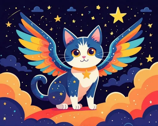 Prompt: Colorful 2D illustration of a cute winged cat, under a starry night sky, flat design, simple shapes, vector, vibrant colors, whimsical star patterns, cartoon style, best quality, highres, cute, cartoon, colorful, simple shapes, flat design, starry night, winged cat, vector, 2D