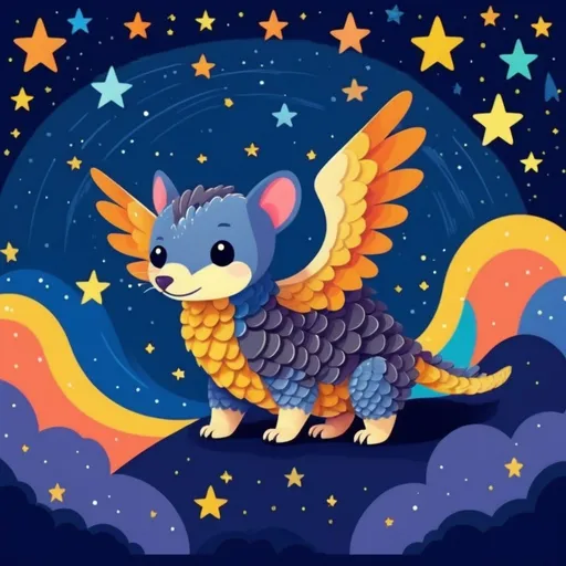 Prompt: Colorful 2D illustration of a cute winged pangolin under a starry night sky, flat design, simple shapes, vector, vibrant colors, whimsical star patterns, cartoon style, best quality, highres, cute, cartoon, colorful, simple shapes, flat design, starry night, winged cat, vector, 2D