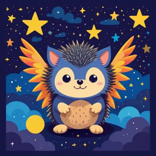 Prompt: Colorful 2D illustration of a cute winged hedgehog under a starry night sky, flat design, simple shapes, vector, vibrant colors, whimsical star patterns, cartoon style, best quality, highres, cute, cartoon, colorful, simple shapes, flat design, starry night, winged cat, vector, 2D