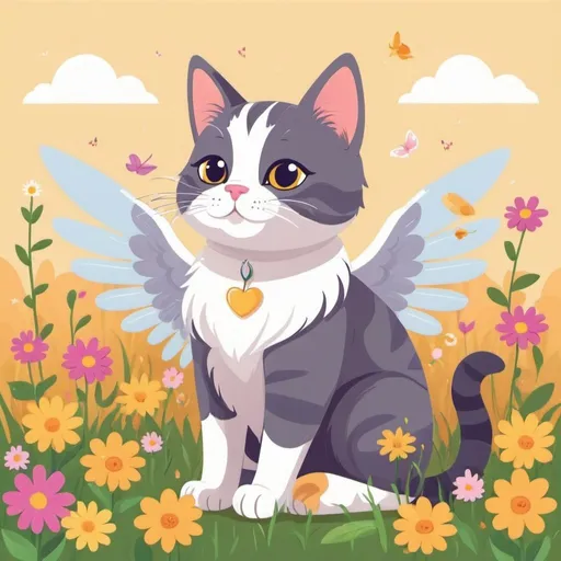 Prompt: A cute cat with wings sitting in a field of flowers, flat illustration, cartoon, vector illustration