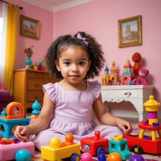 Prompt: Spanish bi racial little girl playing with lots of toys in a beautiful room for a princess lots of colors and dynamic patterns and backgrounds 